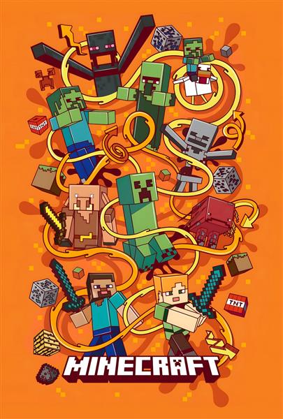 تصویر فانتزی و شلوغ کاراکترهای ماینکرافت با رنگ نارنجی برای تابلو