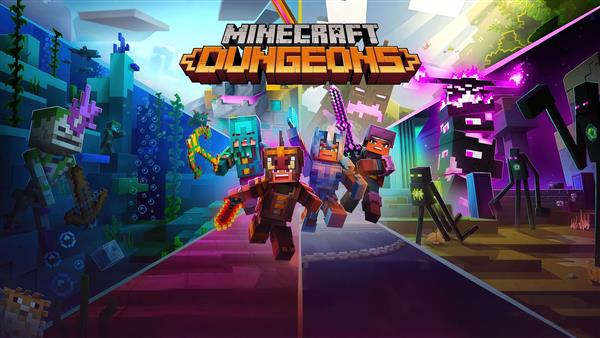 پوستر بازی ماینکرافت دانجنز با تم دو دنیای آبی و بنفش برای دکور