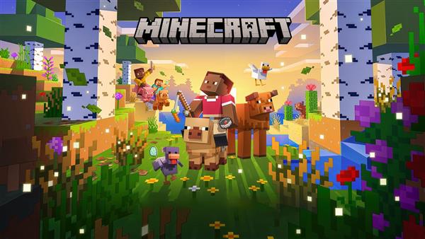 تصویر شخصیت‌ها و حیوانات ماینکرافت در باغ گل فانتزی برای پرده