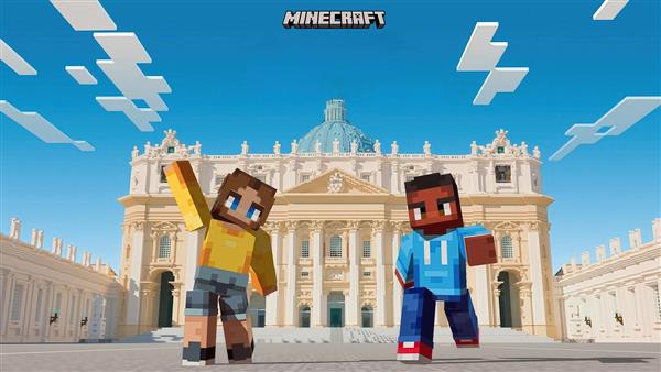 طرح کاراکترهای ماینکرافت جلوی بنای تاریخی واتیکان برای تابلو