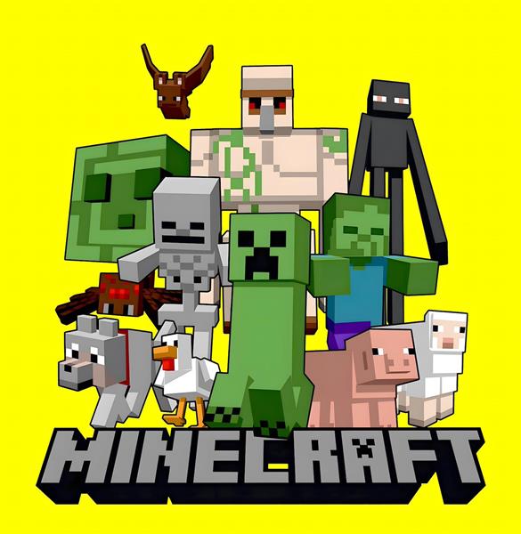 طرح کارتونی تمام ماب‌های ماینکرافت با پس‌زمینه زرد برای پوستر