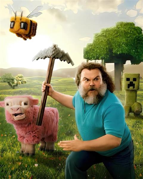 عکس جک بلک در نقش شخصیت ماینکرافت با کلنگ برای دکوراسیون