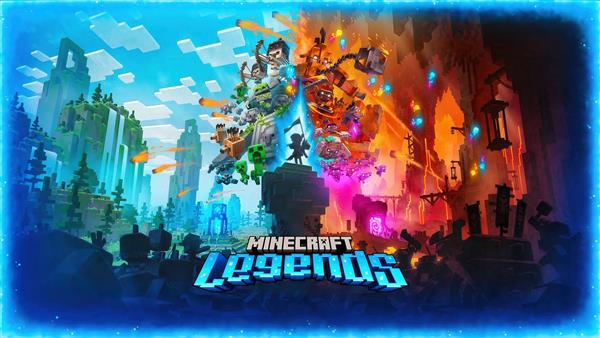 پوستر بازی ماینکرافت لجندز نبرد خیر و شر با تم نارنجی و آبی