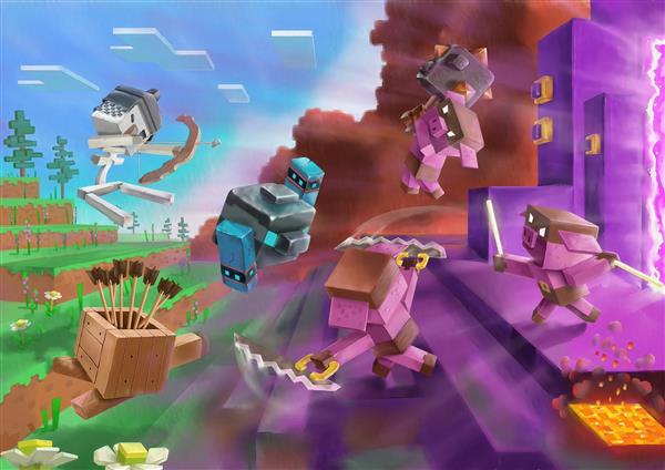 طرح نبرد موجودات ماینکرافت در دو دنیای اورورلد و ندر برای پوستر