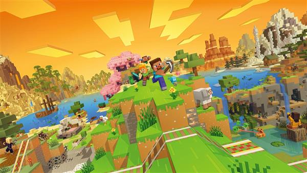 طرح منظره گسترده و شاد ماینکرافت با رنگ‌های گرم برای پوستر دیواری