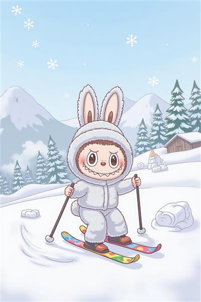 عکس لبوبو کارتونی سفید در حال اسکی روی برف برای پوستر دیواری زمستانی