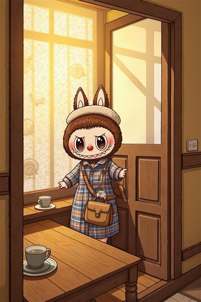 طرح لبوبو فانتزی با لباس چهارخانه در اتاق آفتابی برای تابلو دکوراتیو