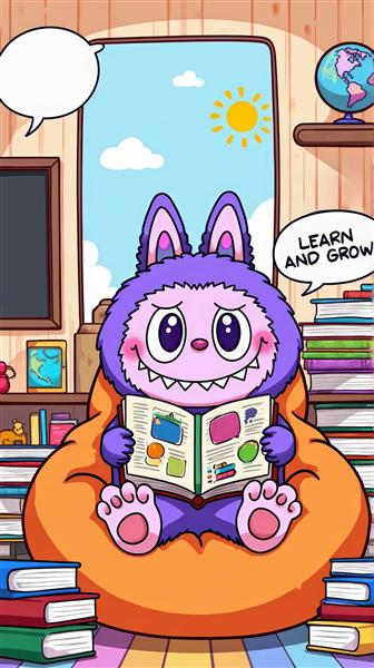 تصویر لبوبو کارتونی در حال کتاب خواندن برای دکور اتاق مطالعه و نشیمن