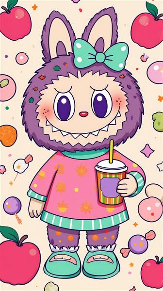 طرح لبوبو بنفش کارتونی با سیب و آبمیوه برای چاپ روی روتختی کودک