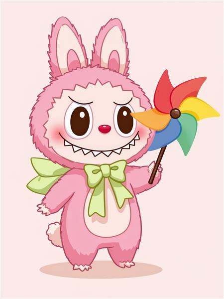 تصویر لبوبو صورتی کارتونی با پاپیون و فرفره برای پوستر دیواری کودکانه