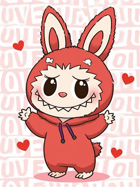 عکس لبوبو قرمز کارتونی با قلب‌های فانتزی برای چاپ روی ماگ ولنتاین