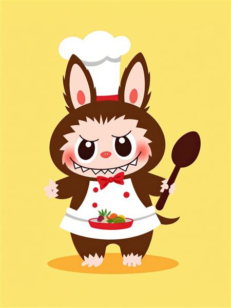 طرح لبوبو آشپز کارتونی قهوه‌ای با غذای سالم برای تابلو دکوراتیو آشپزخانه