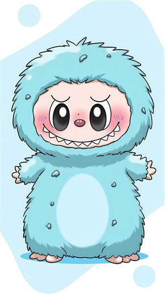 تصویر لبوبو کارتونی آبی پشمالو با گونه‌های صورتی برای چاپ روی کوسن