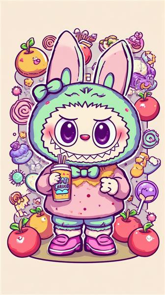 عکس لبوبو کارتونی سبز با نوشیدنی و میوه‌های رنگی برای دکور آشپزخانه