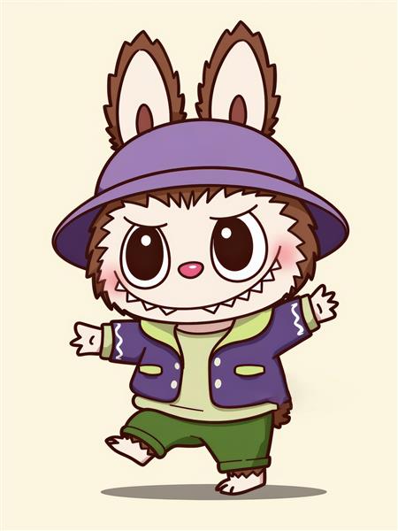 عکس لبوبو کارتونی با کلاه بنفش و ژاکت سبز برای دکور اتاق نوجوان