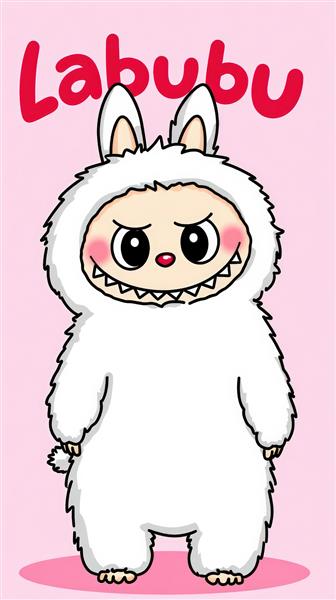 طرح لبوبو سفید پشمالو کارتونی با پس‌زمینه صورتی برای چاپ روی ماگ