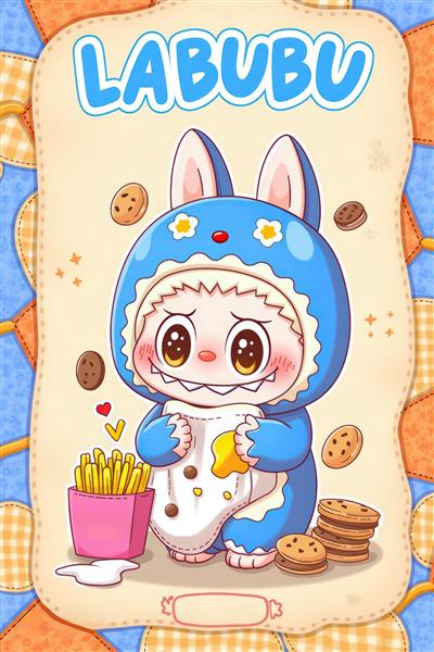 تصویر لبوبو کودکانه آبی با چیپس و بیسکوئیت برای پوستر دیواری اتاق غذاخوری