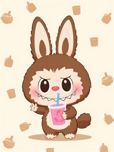 طرح لبوبو قهوه‌ای کارتونی با نوشیدنی صورتی برای چاپ روی ماگ و تیشرت