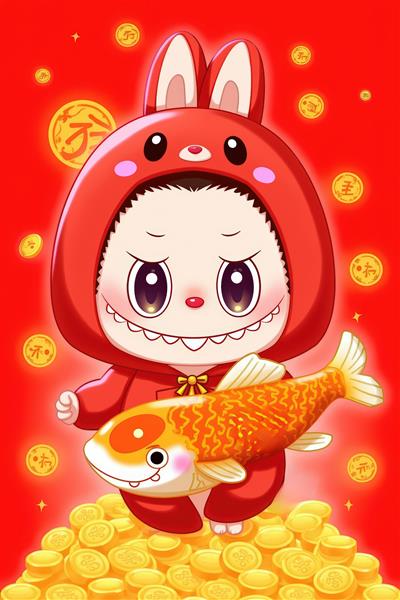 تصویر لبوبو کارتونی با لباس قرمز و ماهی طلایی برای تابلو شانس و ثروت