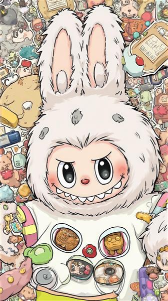 عکس لبوبو با کلاه پشمالو و لباس جیب‌دار فانتزی برای پوستر دیواری شلوغ