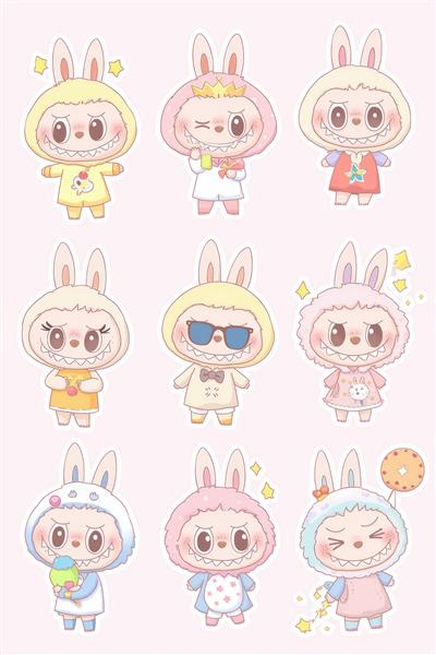 طرح استیکر لبوبو فانتزی با لباس‌های متنوع برای چاپ روی ماگ و کوسن