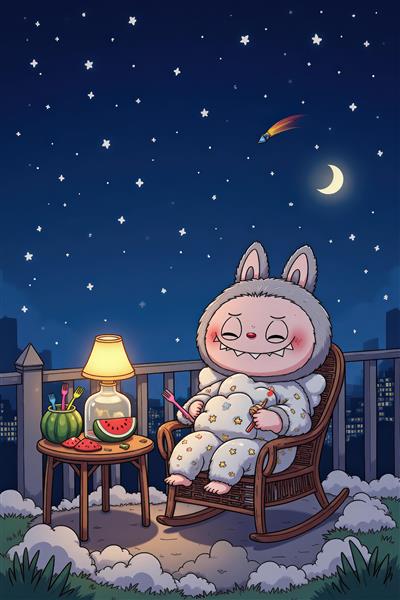 تصویر لبوبو کارتونی در حال استراحت شبانه در بالکن برای تابلو دکوراتیو