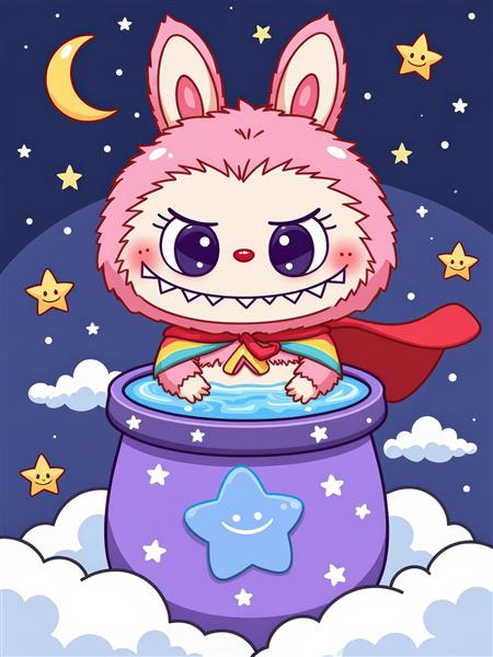 عکس لبوبو ابرقهرمان صورتی کارتونی روی ماه برای پرده اتاق خواب کودک