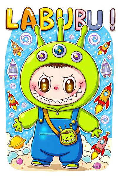 طرح لبوبو فضایی فانتزی سبز با موشک‌های رنگی برای پوستر دیواری کودکانه