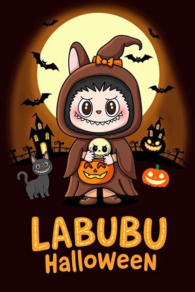 طرح لبوبو هالووین در شب با گربه سیاه و ماه کامل برای پرده اتاق خواب