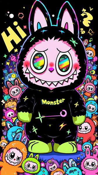 طرح لبوبو نئونی مشکی فانتزی با رنگین‌کمان برای پوستر دیواری مدرن