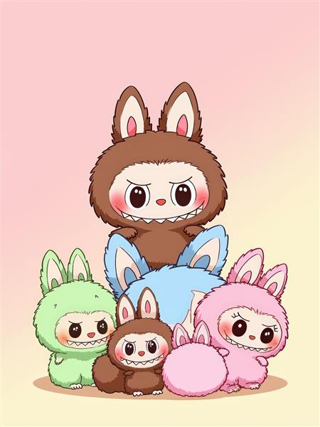 طرح کارتونی گروه لبوبوها با رنگ‌های پاستلی برای چاپ روی کوسن و ماگ