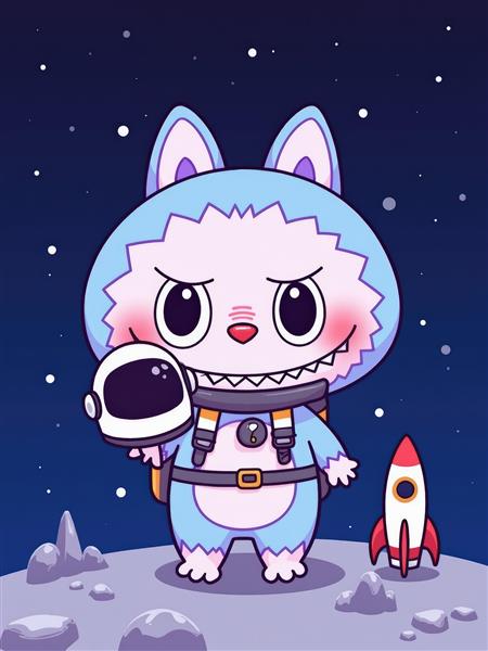 طرح کارتونی لبوبو فضانورد با کلاه ایمنی در فضا برای پوستر کودک