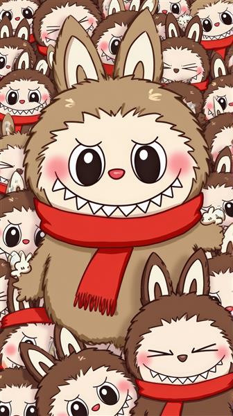 طرح لبوبو با شال گردن قرمز در میان انبوهی از شخصیت‌های کارتونی