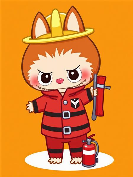 تصویر کارتونی لبوبو آتش‌نشان با کلاه ایمنی برای پوستر اتاق کودک