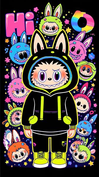 طرح نئونی لبوبو با کلاه مشکی برای پوستر دکوراتیو اتاق نوجوان