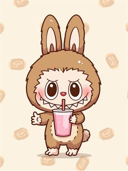 تصویر کارتونی لبوبو با شیرینی و نوشیدنی صورتی برای چاپ روی ماگ