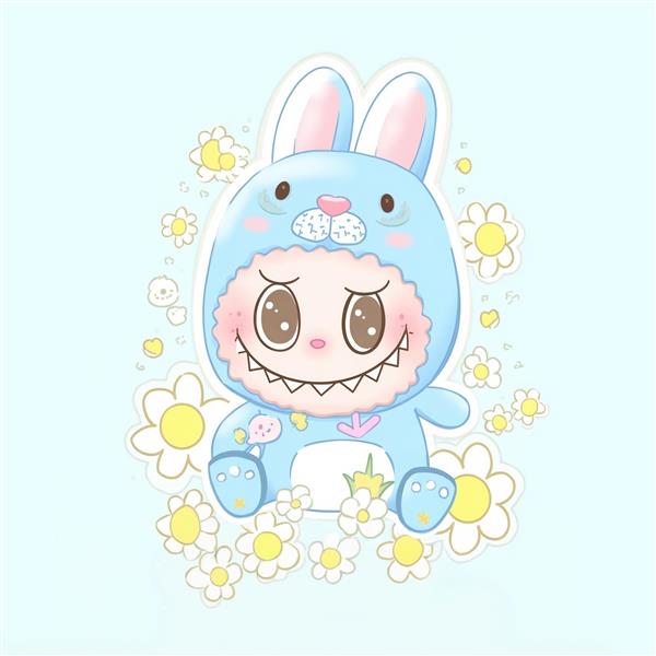 طرح کارتونی لبوبو آبی با گُل‌های سفید برای پوستر اتاق کودک مینیمال