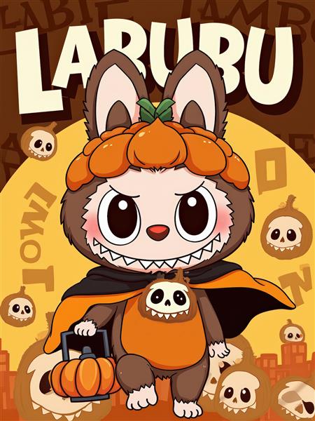 طرح کارتونی لبوبو با لباس کدو تنبل برای دکوراسیون شب هالووین