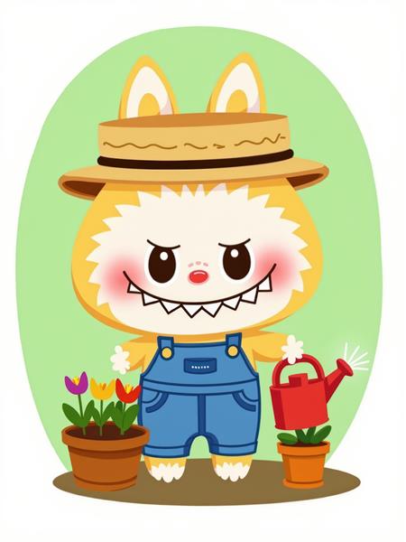 تصویر کارتونی لبوبو با لباس کشاورزی و گل و گیاه برای پوستر آشپزخانه