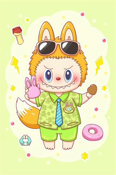 طرح کارتونی لبوبو روباه با عینک آفتابی و لباس تابستانی برای ماگ