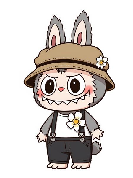 طرح کارتونی لبوبو با لباس طوسی و کلاه حصیری برای چاپ روی ماگ