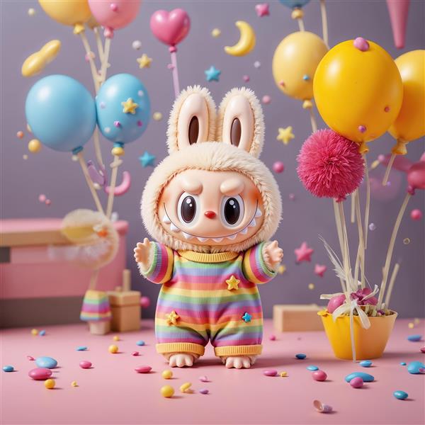 تصویر فانتزی لبوبو با لباس راه‌راه رنگین‌کمانی و بادکنک برای تولد