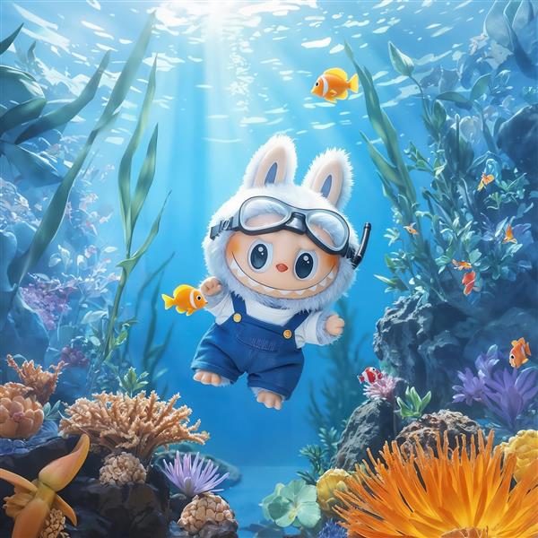 طرح فانتزی لبوبو با ماسک شنا در زیر آب اقیانوس برای پرده حمام