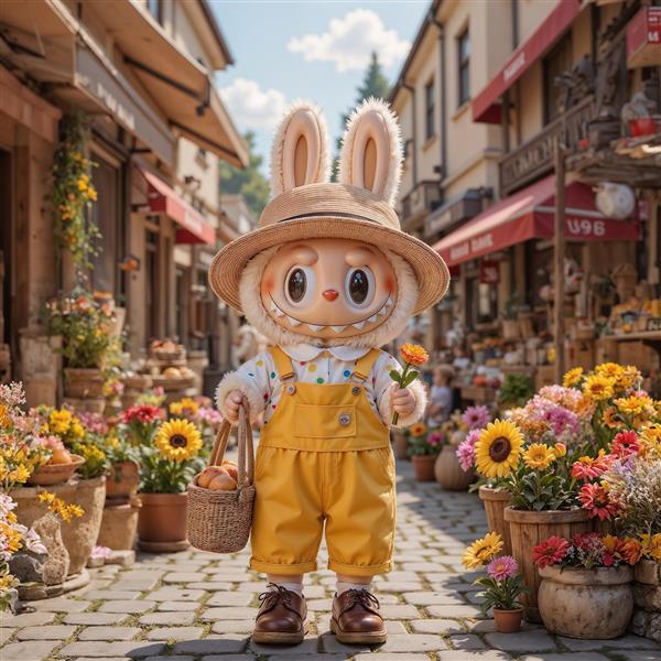 عکس لبوبو با لباس زرد و کلاه حصیری در بازار گل برای دکور آشپزخانه