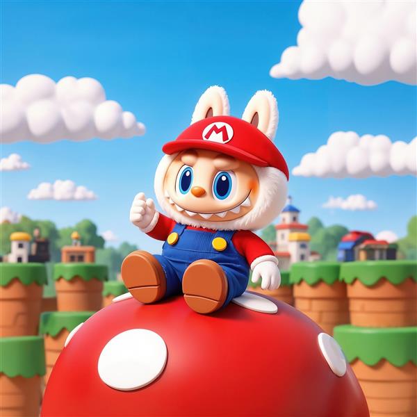 تصویر فانتزی لبوبو با لباس سوپر ماریو روی قارچ قرمز برای پوستر اتاق گیمر