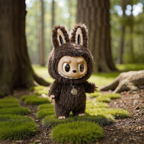 طرح لبوبو با لباس پشمالو قهوه‌ای در جنگل برای تابلو دکوراتیو