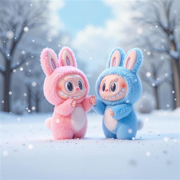 عکس فانتزی دو لبوبو پشمالو صورتی و آبی در منظره برفی