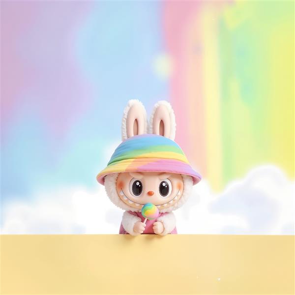 طرح مینیمال لبوبو با کلاه رنگین‌کمانی و آبنبات چوبی برای ماگ