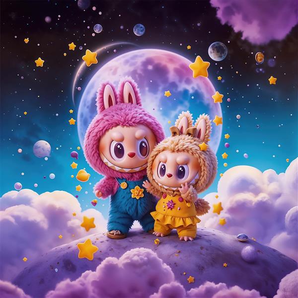 تصویر فانتزی دو لبوبو در کهکشان و سیاره برای پوستر اتاق کودک