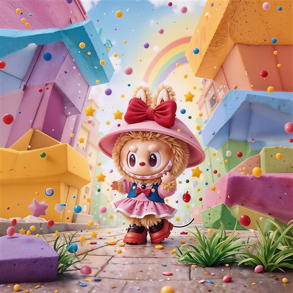 طرح فانتزی لبوبو با کلاه و پاپیون صورتی در شهر شیرینی‌ها